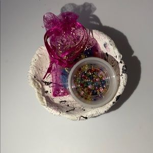 Jewelry, beads, spider paint bowl.